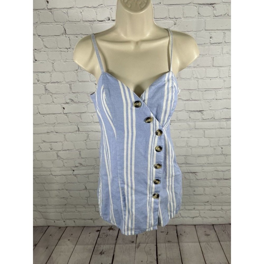 Japna Linen Blend Striped Romper Button Front Blue White Sleeveless V Neck XS